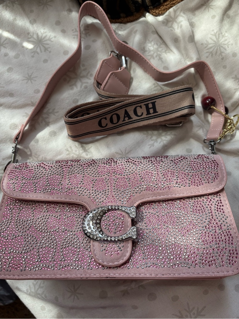 Coach Pink Crystal-Embellished Crossbody Bag with Logo Strap